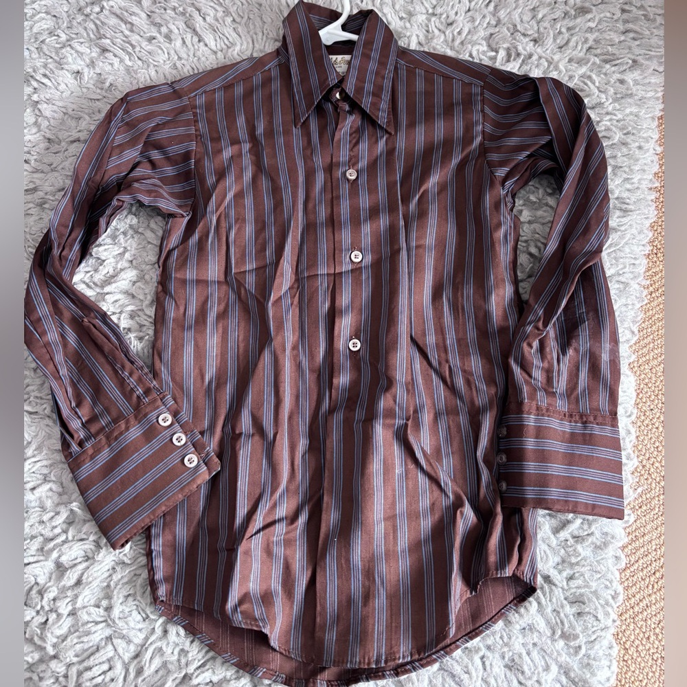 Fruit of the Loom kids vintag Brown & Blue Striped Dress Shirt w/tie size 10